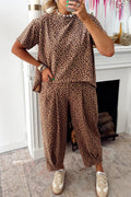 Brown Leopard High-Low Loose Tee Ankle Length Pants Set