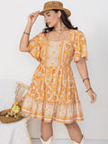 Printed Square Neck Short Sleeve Dress