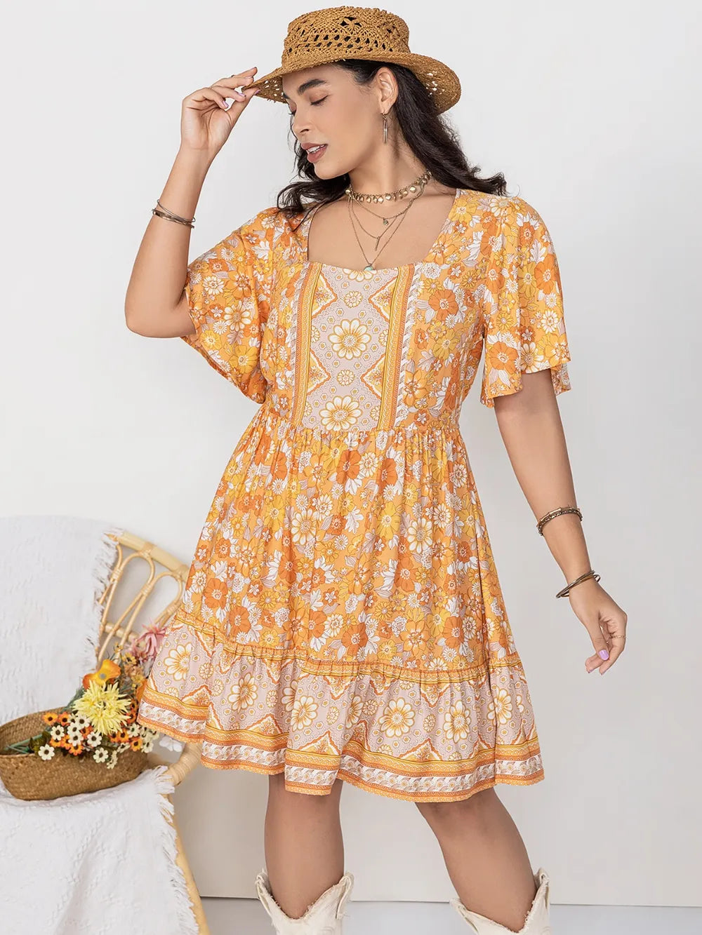 Printed Square Neck Short Sleeve Dress
