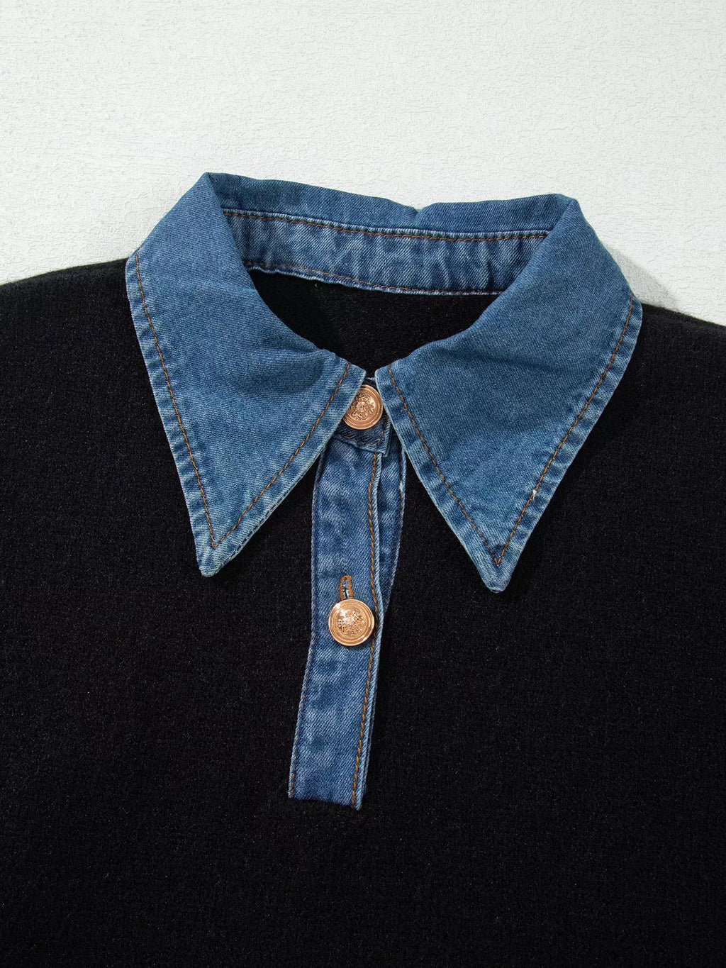 Denim Patchwork Collar Cuffed Casual Sweater