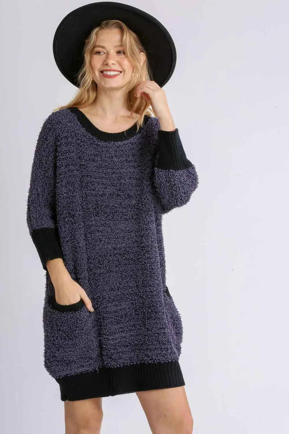 Ribbed Hem Scoop Neck 3/4 Sleeve Sweater Dress with Pockets