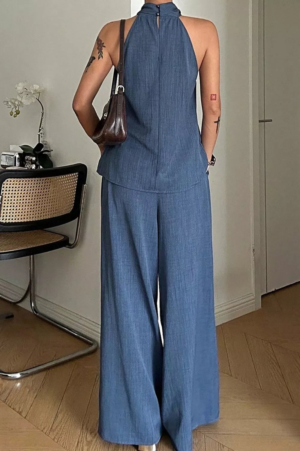Halter Neck Top and Wide-Leg Pants Set
