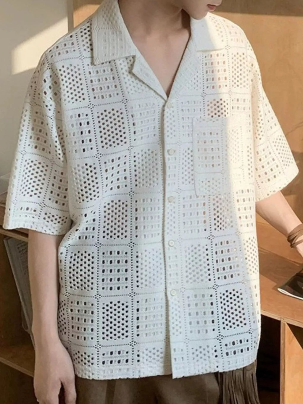 Men's Plus Size Crocheted Square Pattern Short Sleeve Shirt