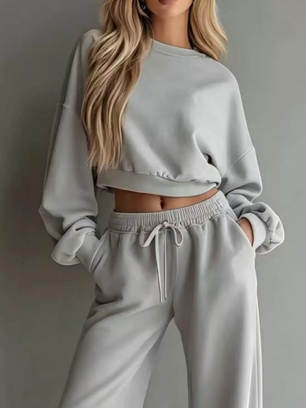 Round Neck Cropped Sweatshirt and Wide-Leg Pants