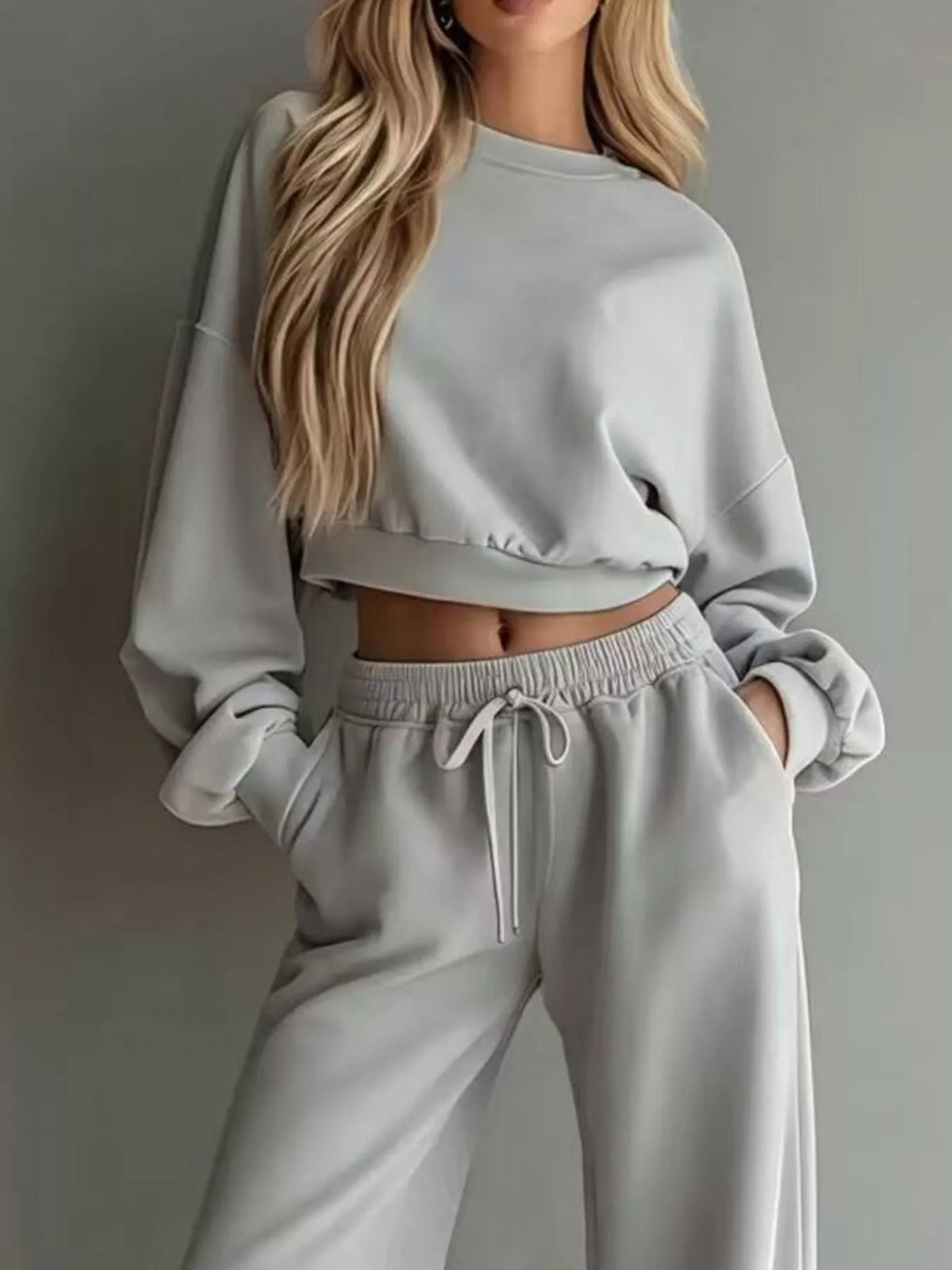 Round Neck Cropped Sweatshirt and Wide-Leg Pants