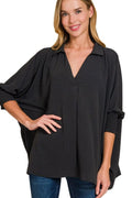 Oversized Woven Collared Top with Smocked Sleeve Bands