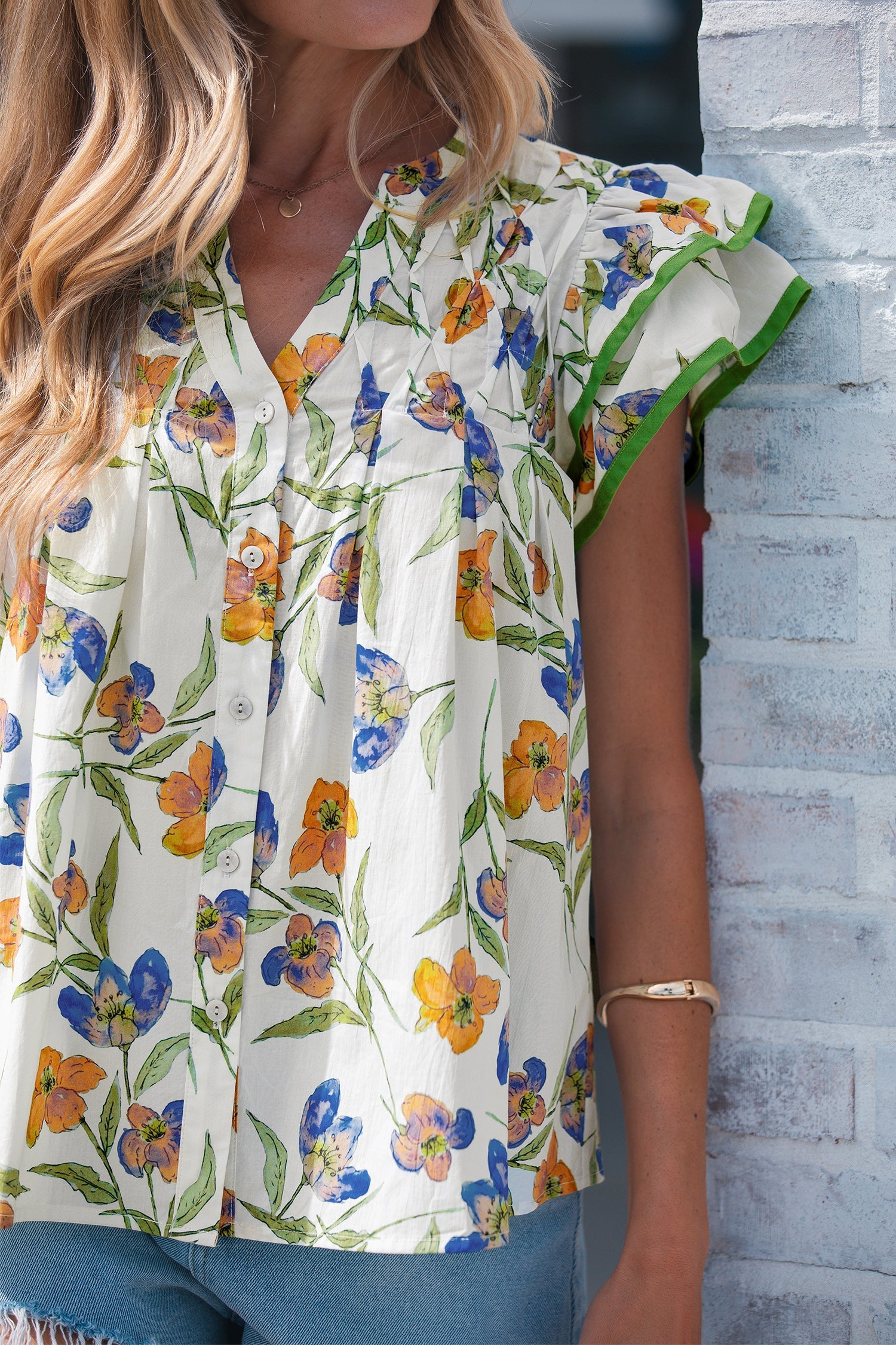 Green Floral Print Ruffle V-Neck Pressed Pleats Binding Tape Cotton Blouse