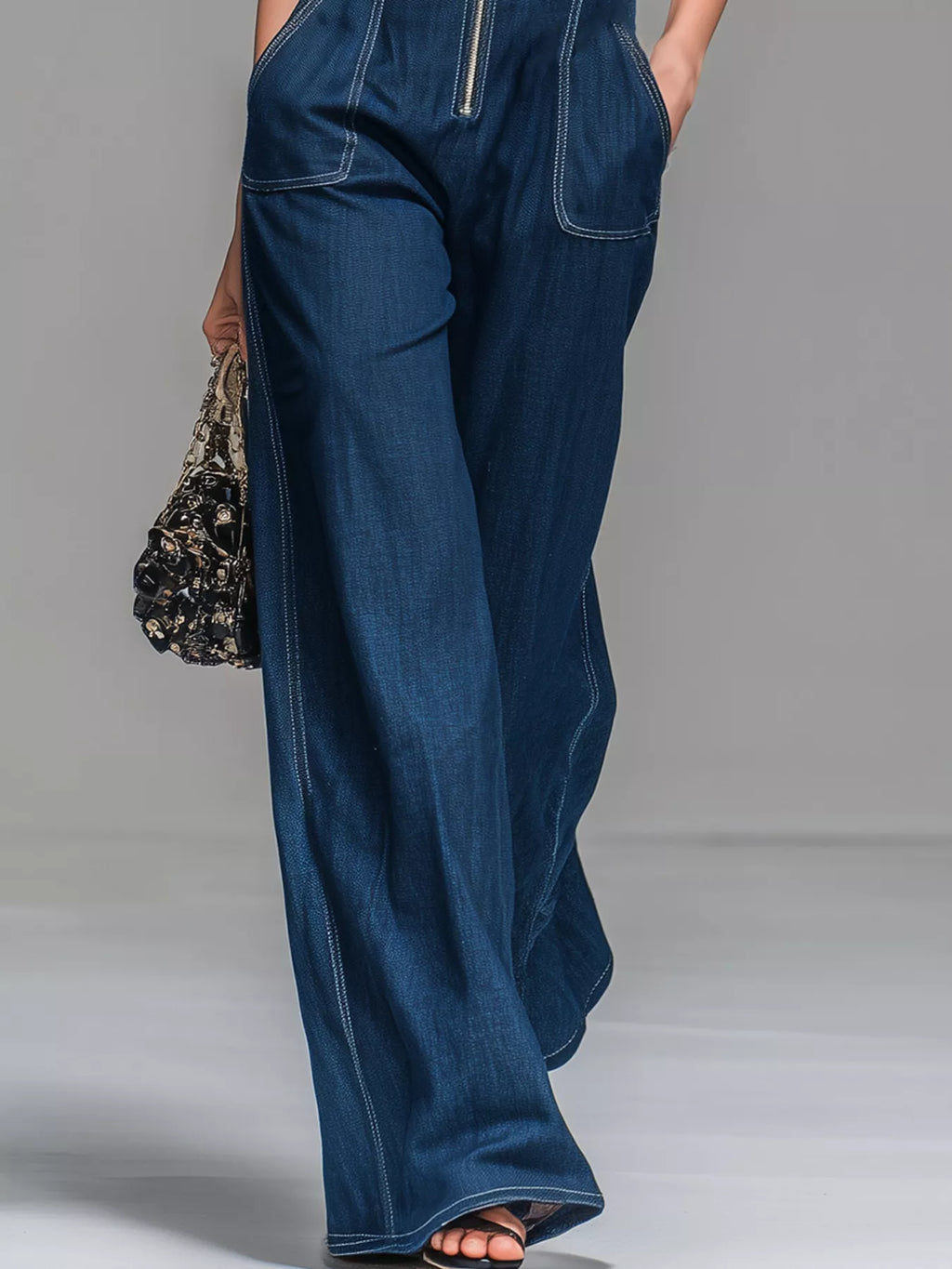 Sleeveless Zip-Front Wide-Leg Denim Jumpsuit
