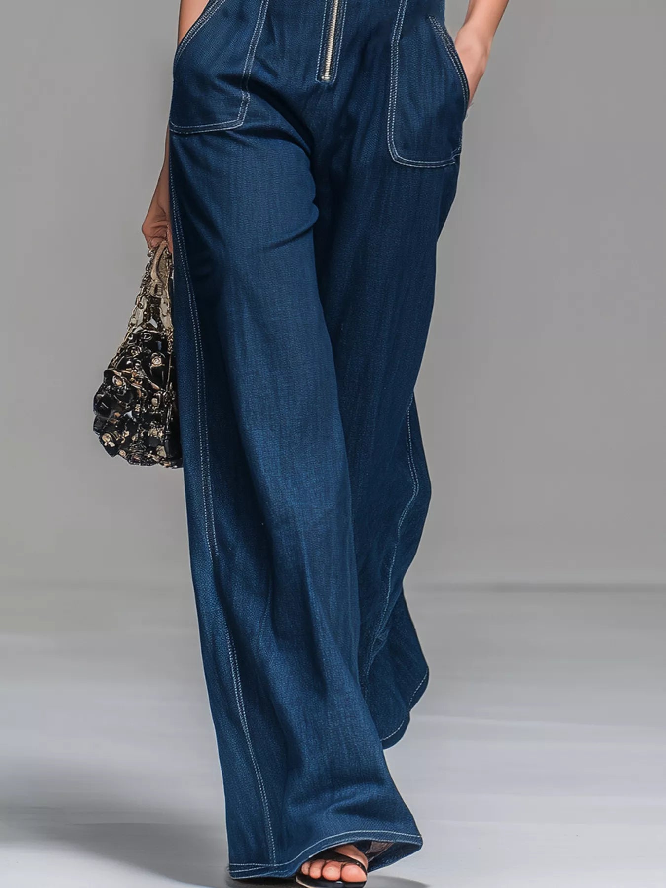 Sleeveless Zip-Front Wide-Leg Denim Jumpsuit