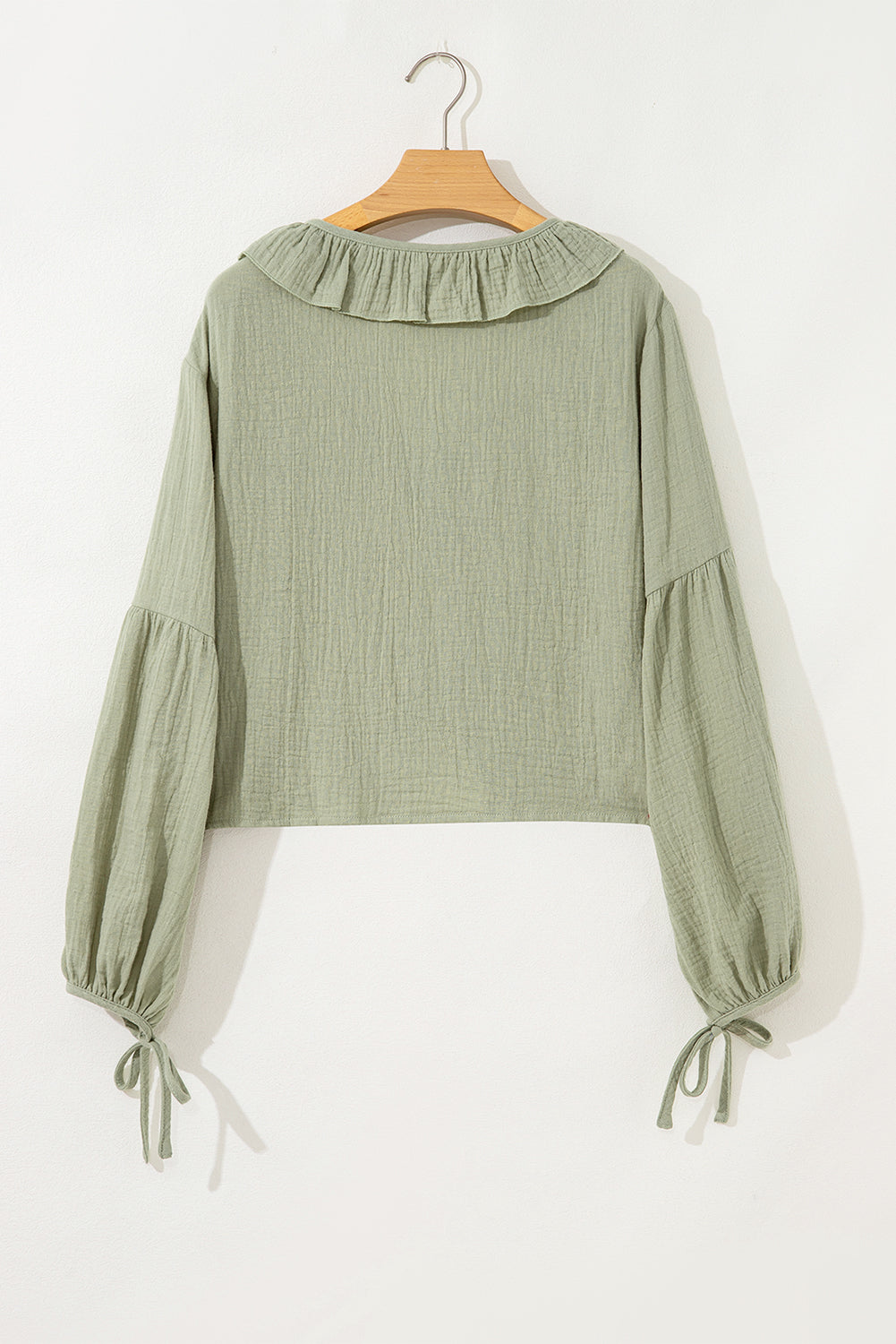 Solid Tie Front V-Neck Ruffle Trim Blouse