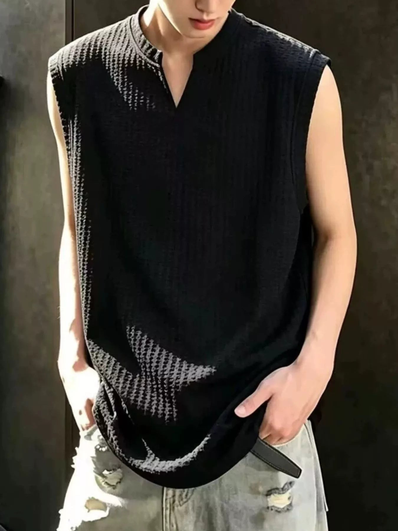 Men's Plus Size Textured Knit Notched Tank Top