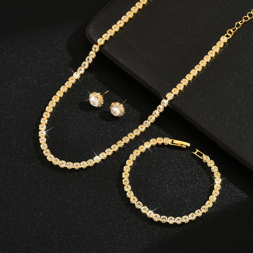 Women 3 Pcs Silver Tone Tennis Rhinestone Jewelry Set,Choker Necklace Stud Earrings Bracelet,Classic Costume Accessories For Daily Wedding Banquet Party Occasion