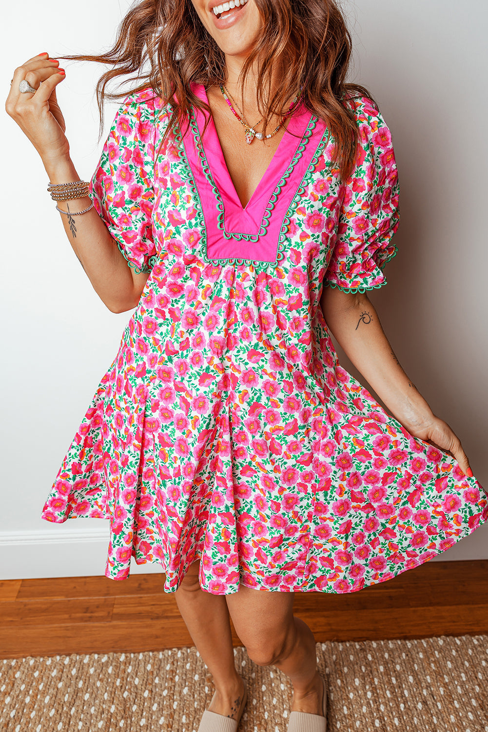 Floral Patchwork V-Neck Bubble Sleeve Mini Dress