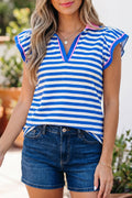 Blue Stripe Contrast Trim Polo Collar Ruffled Short Sleeve Blouse