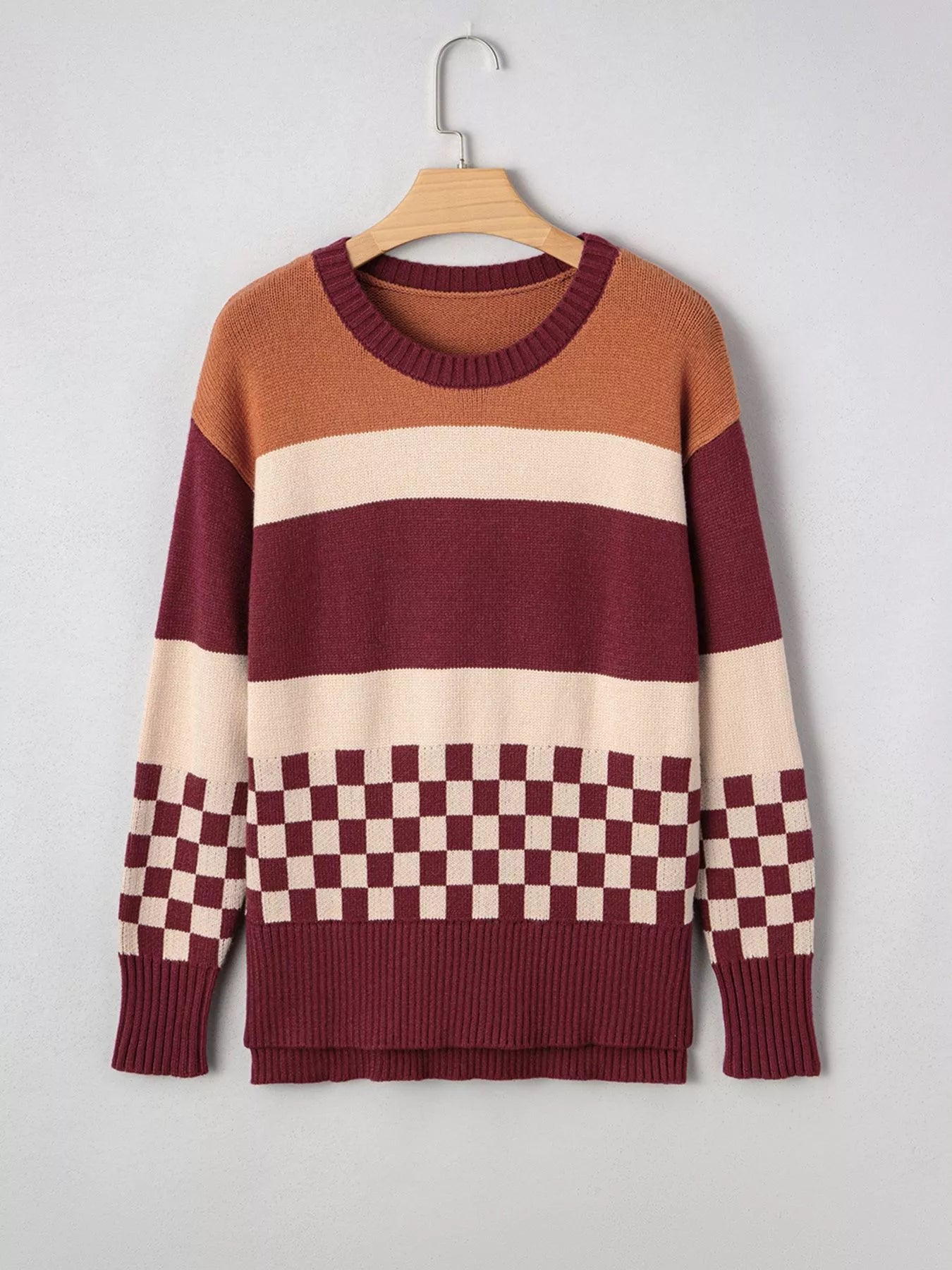 Checkered Color Block Knitted Drop Shoulder Sweater