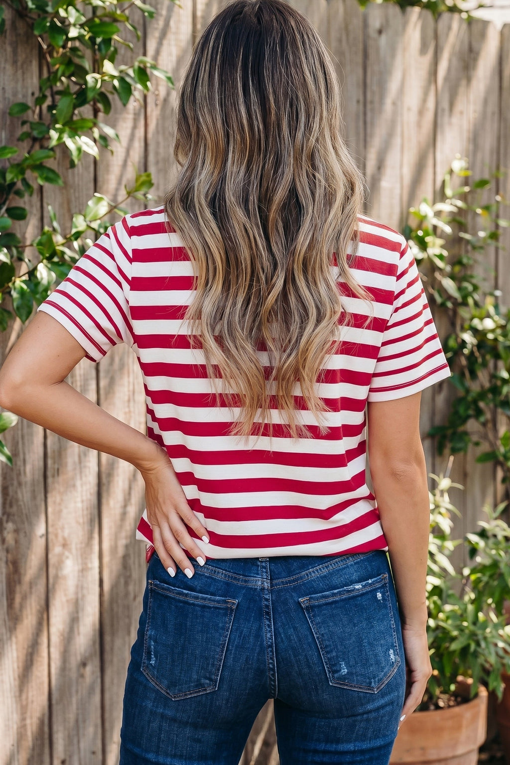 Red Stripe Patchwork Round Neck T Shirt