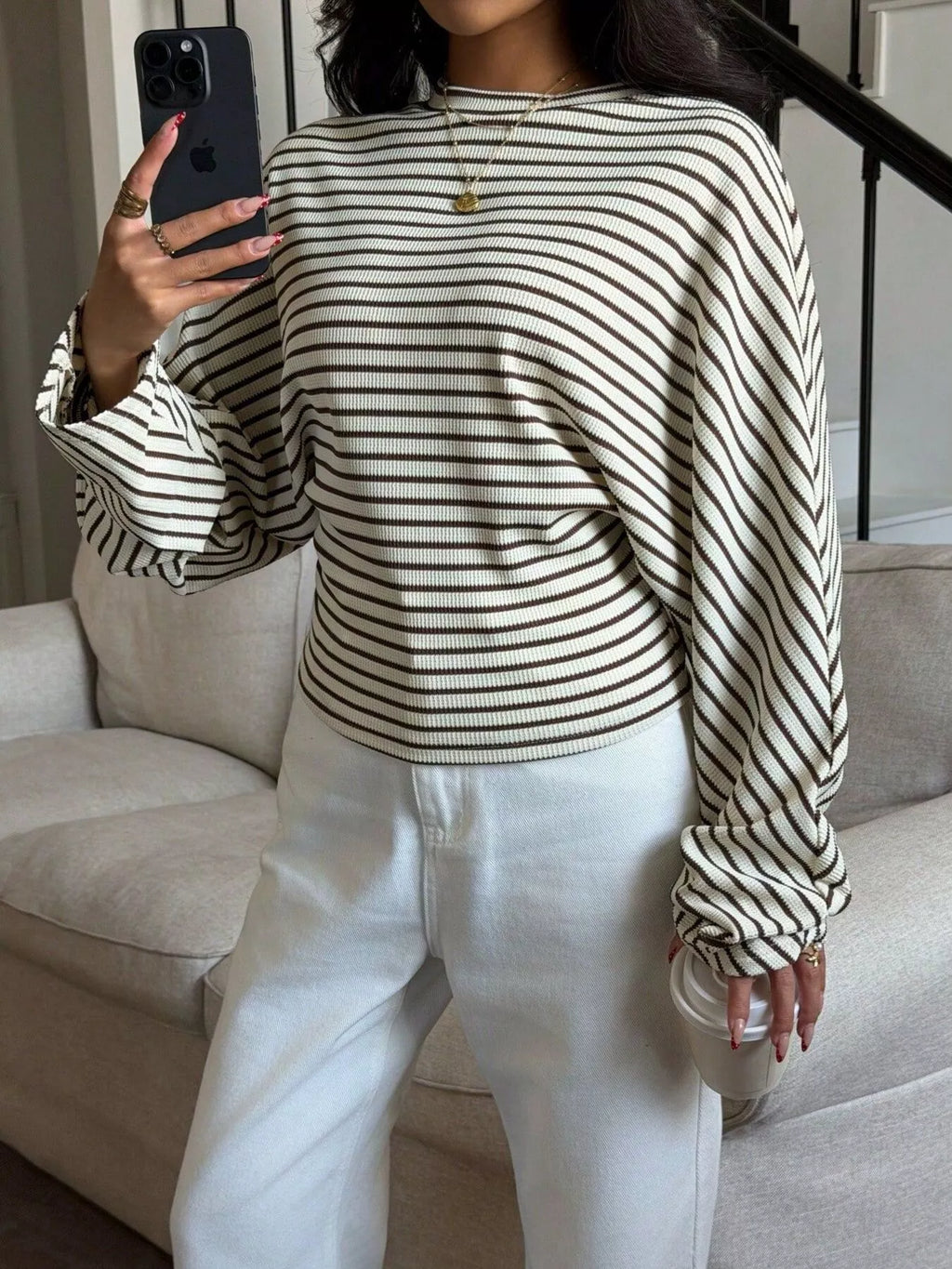 Casual Striped Batwing Sleeve T-Shirt