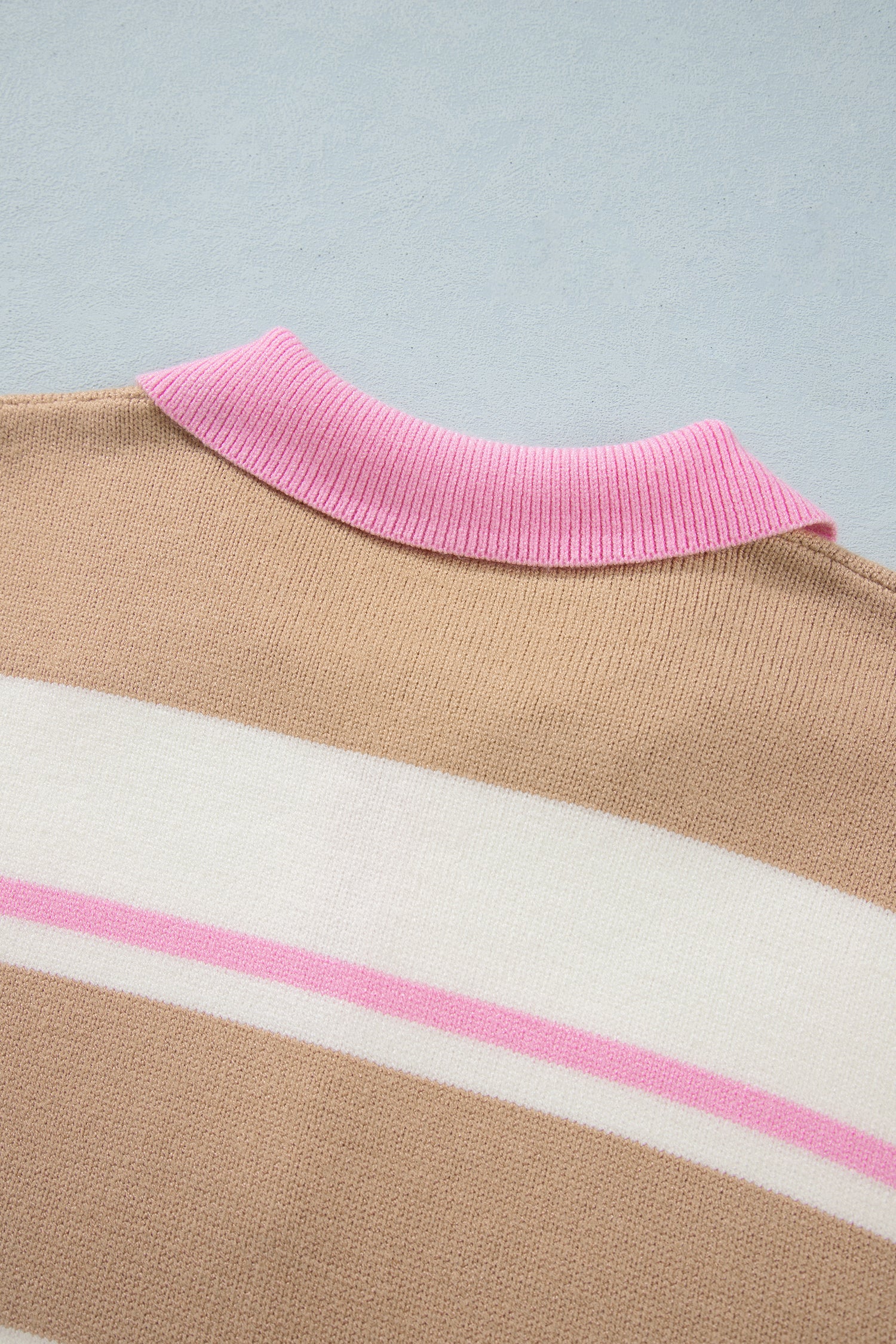 Khaki Stripe Striped Drop Shoulder Button Placket Long Sleeve Sweater