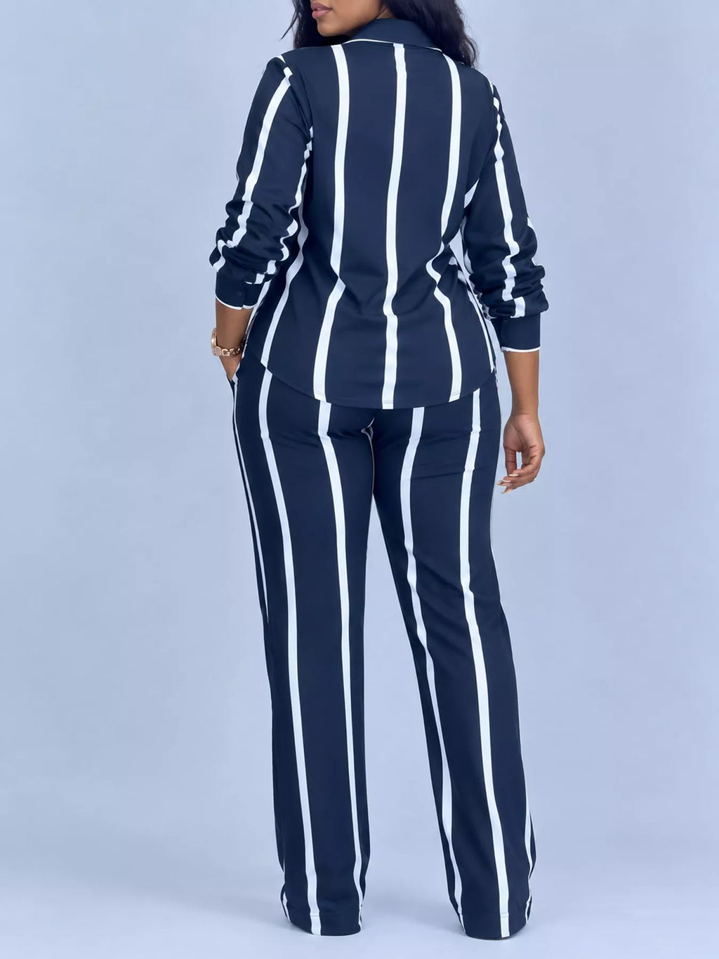 Striped Button-Down Shirt and Wide-Leg Pants Two-Piece Set