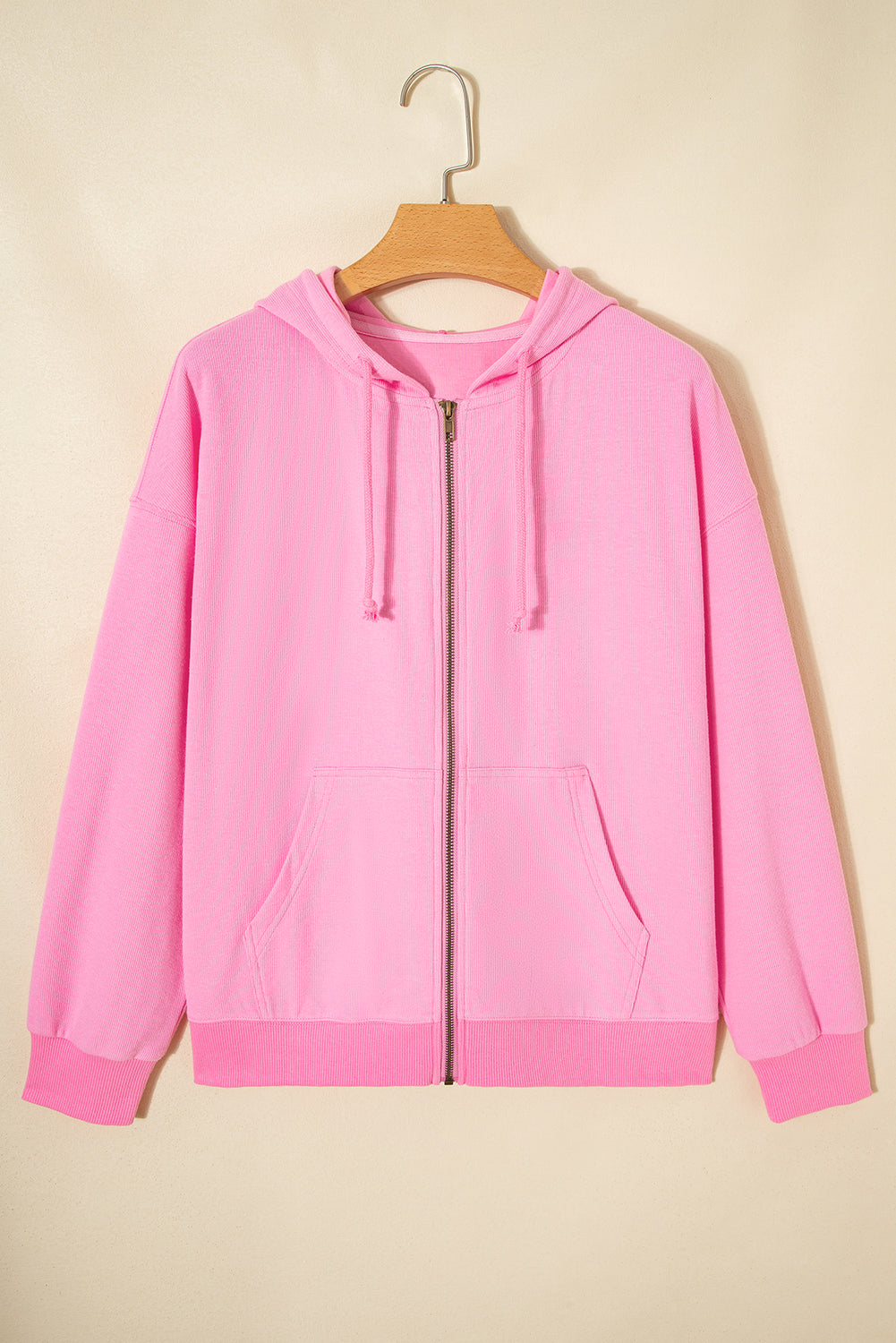 Solid Ribbed Zip-Up Drawstring Hooded Jacket