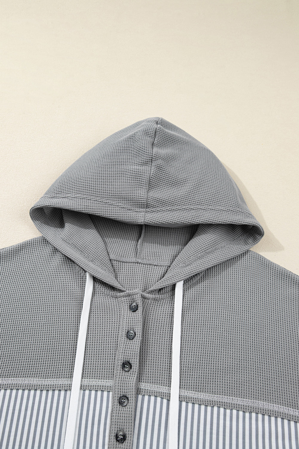 Plus Size Stripe Patchwork Waffle Half-Button Hooded Top