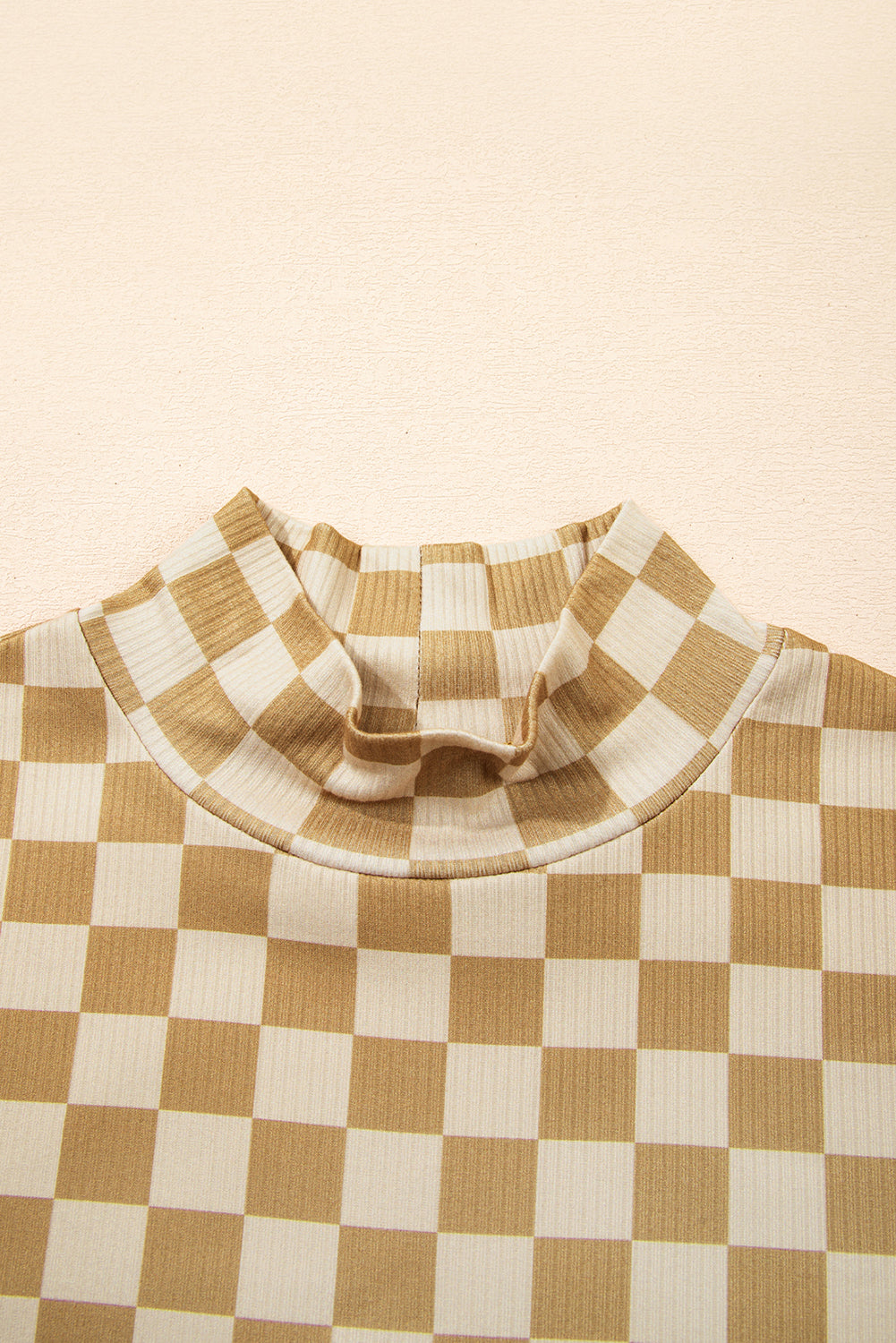 Checker Ribbed Knit Turtleneck Long Sleeve Tee