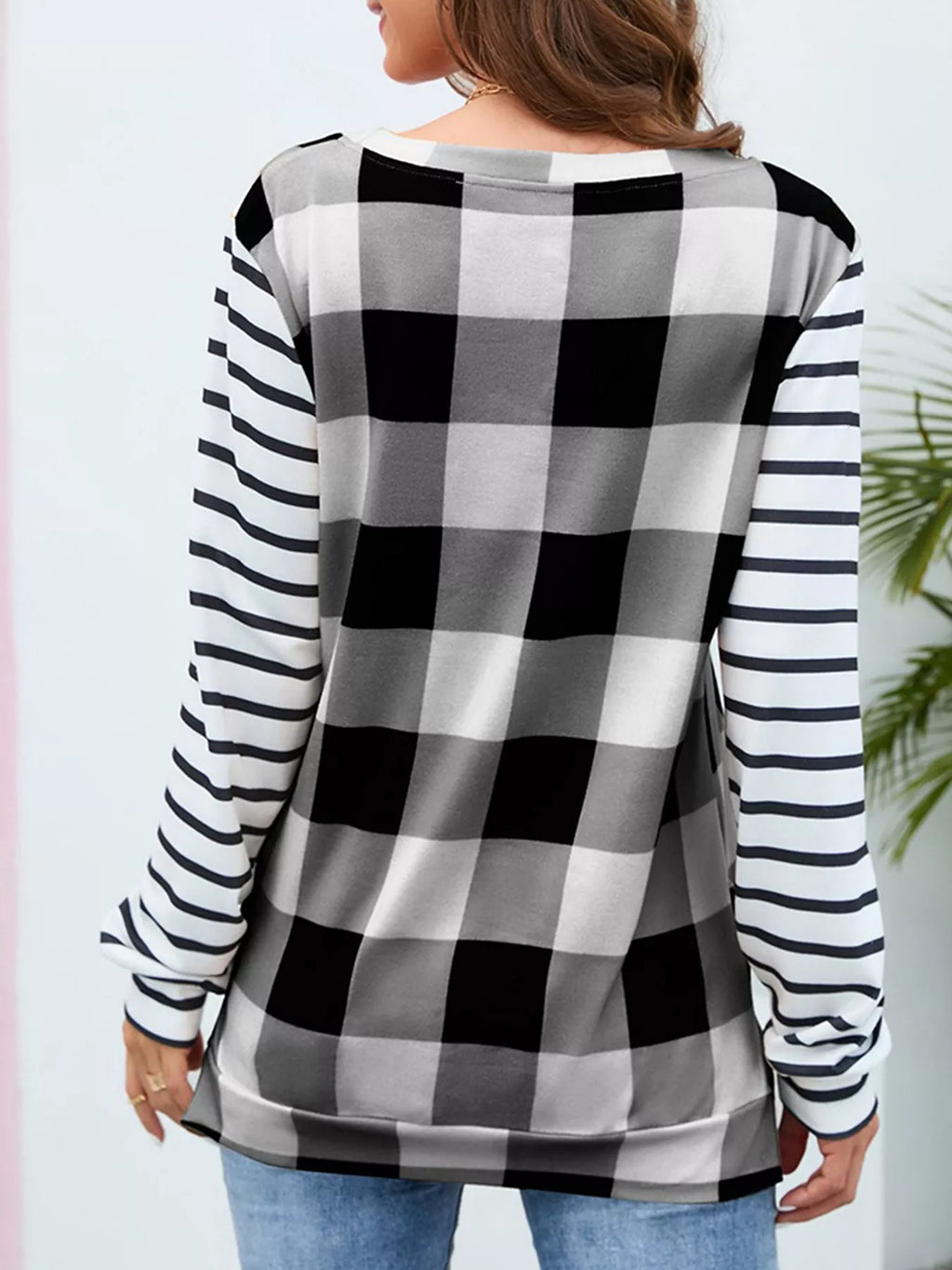 Plaid and Stripe Contrast Long Sleeve T-Shirt