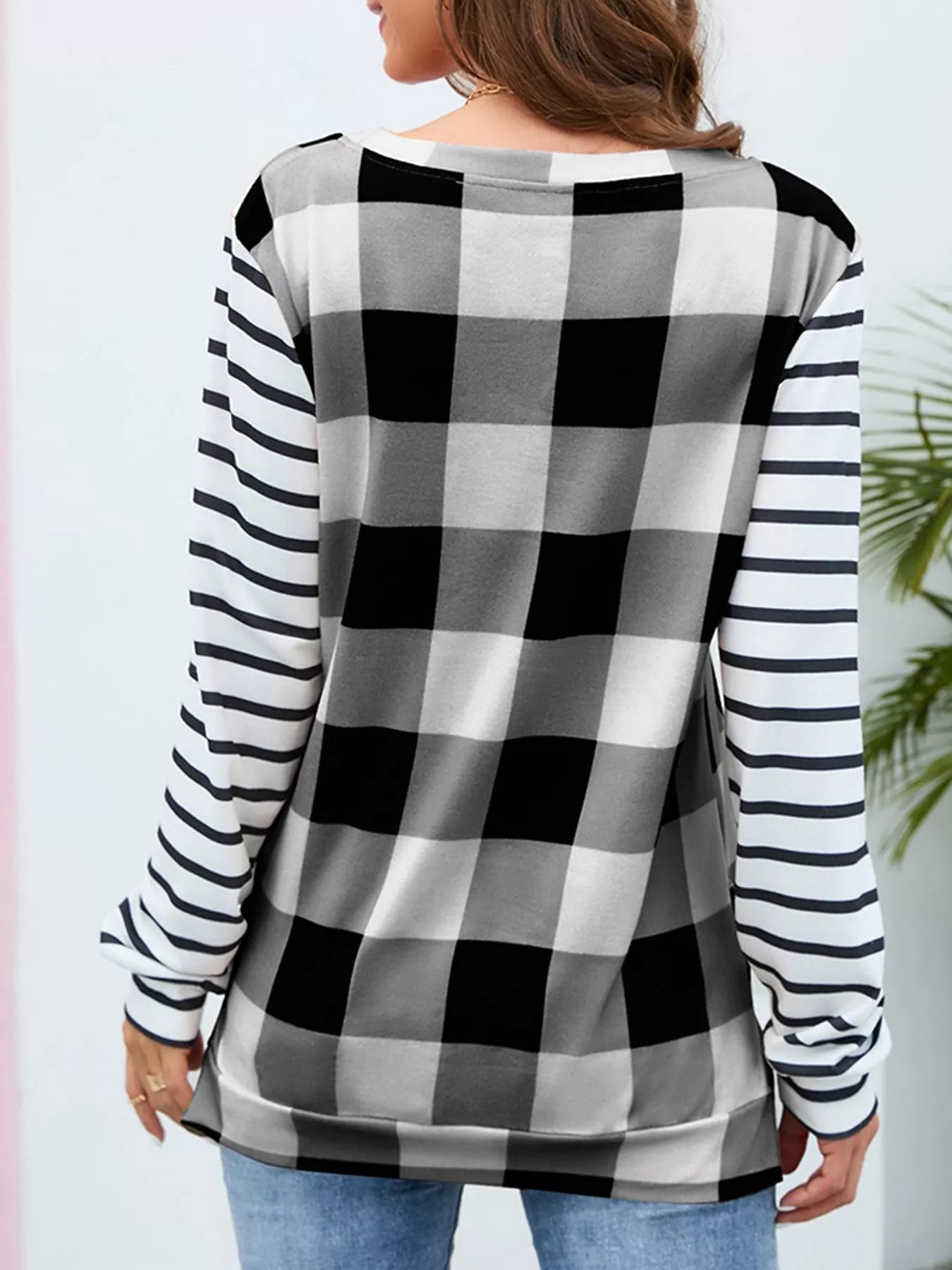 Plaid and Stripe Contrast Long Sleeve T-Shirt