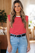 Red Stripe Ribbed Round Neck Trim Loose Tank Top