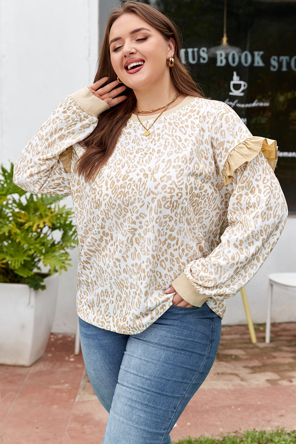 Plus Size Leopard Ruffle Long Sleeve Sweatshirt
