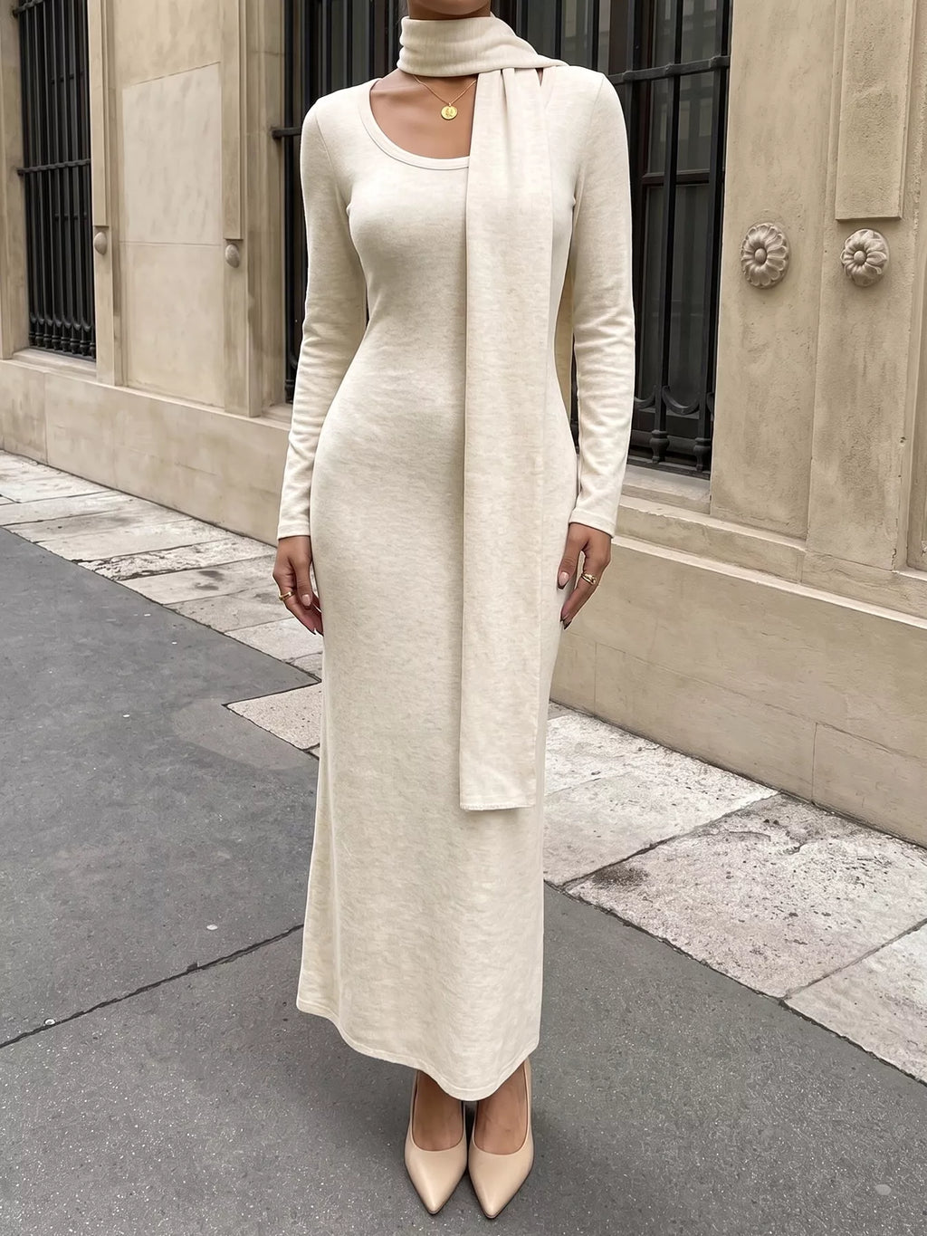 Round Neck Maxi Knit Dress with Matching Scarf