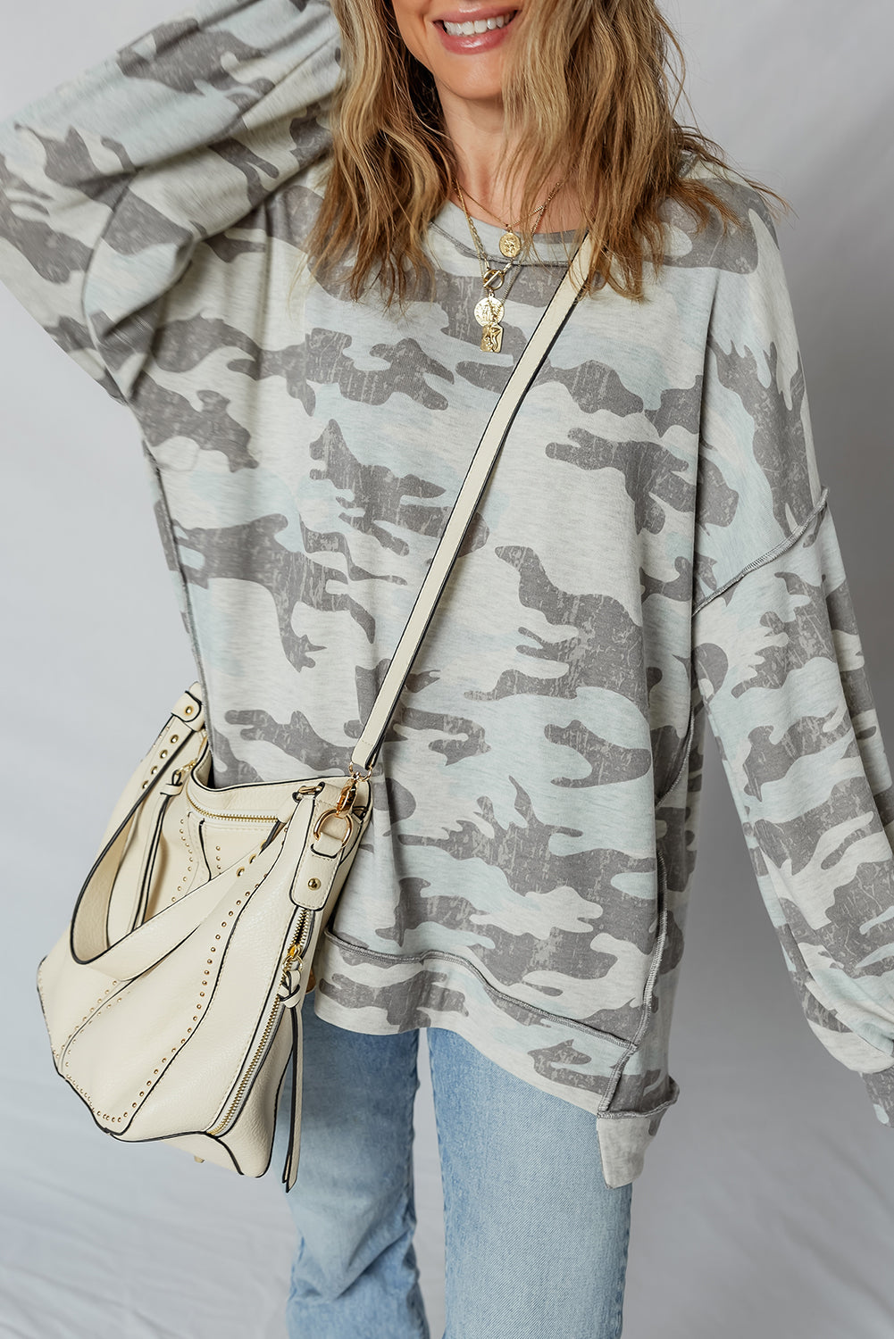 Camo Reverse Seam Drop Shoulder Sweatshirt