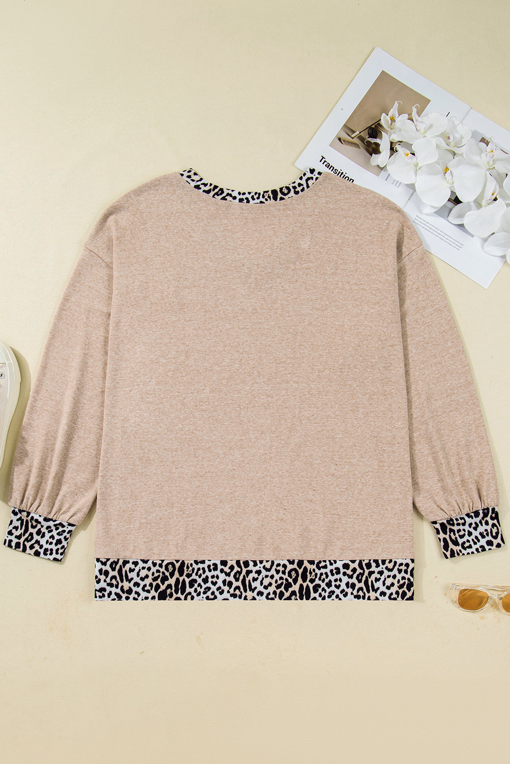 Plus Size Leopard Patchwork V-Neck Long Sleeve Top
