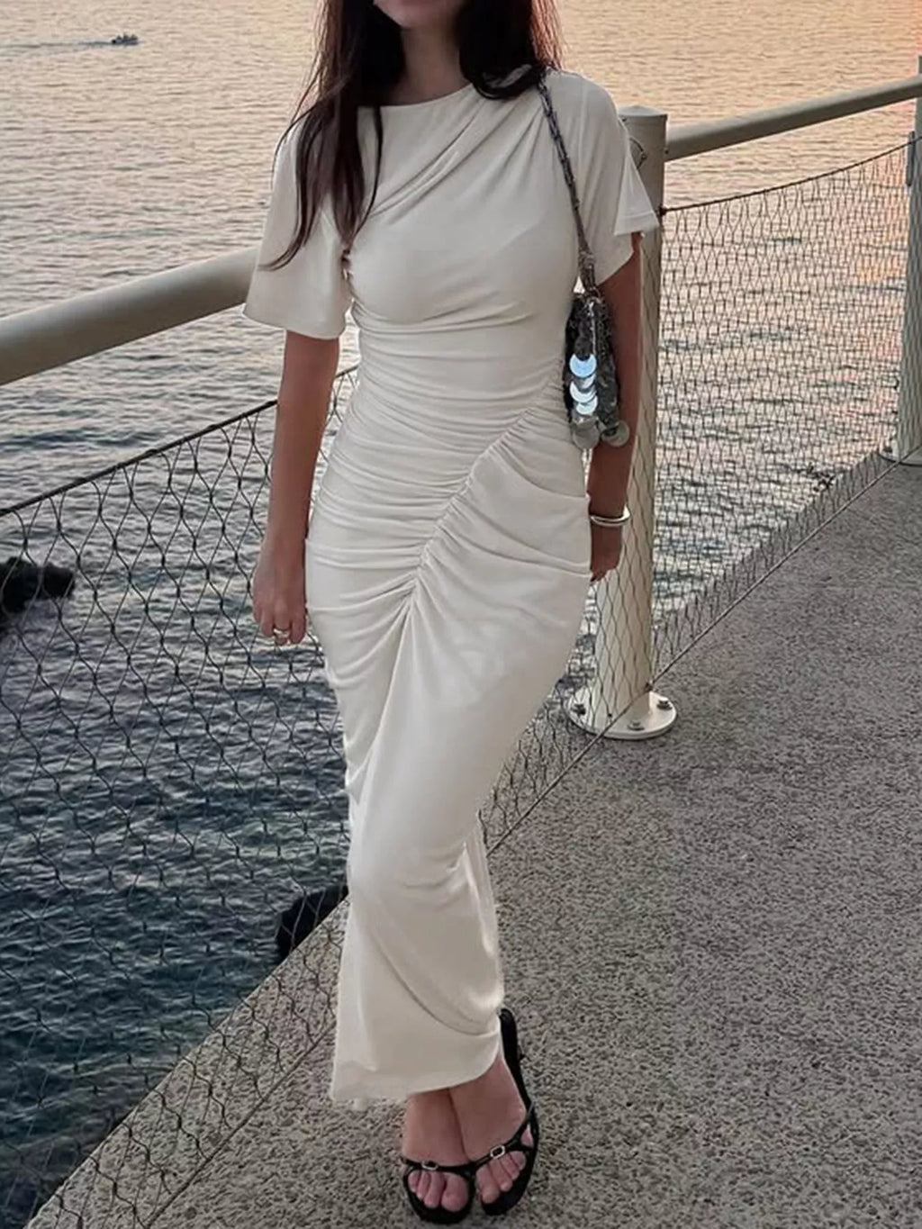 Ruched Short Sleeve Maxi Dress
