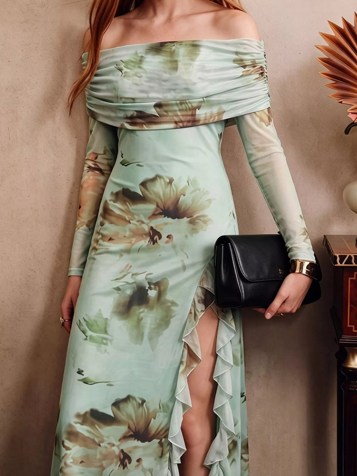 Ruffled Slit Off Shoulder Maxi Dress