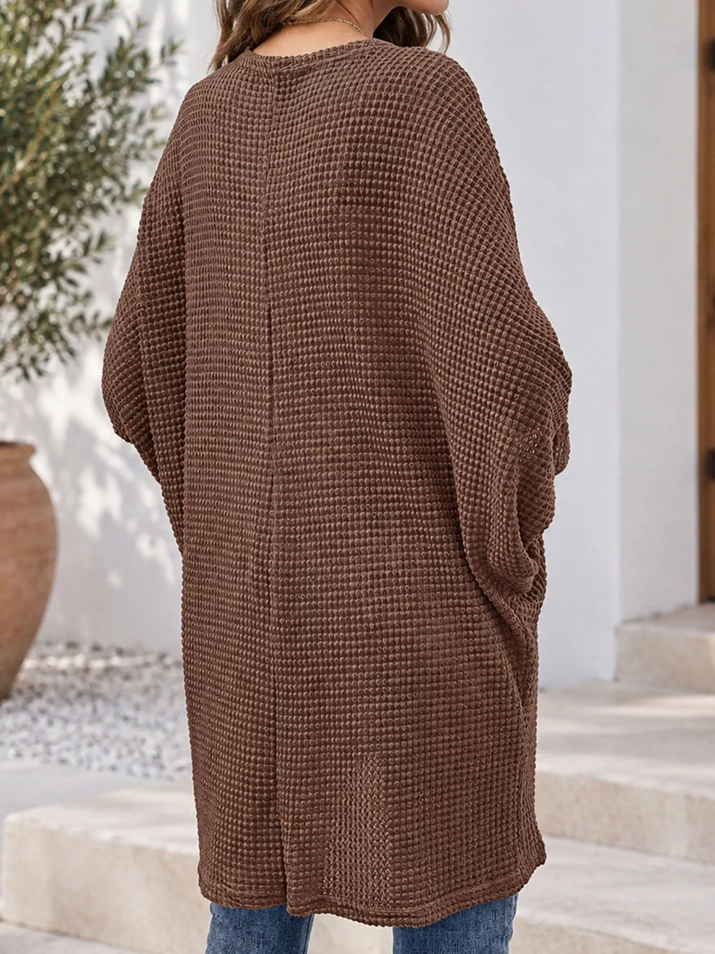 Waffle Knit Open Front Oversized Cardigan