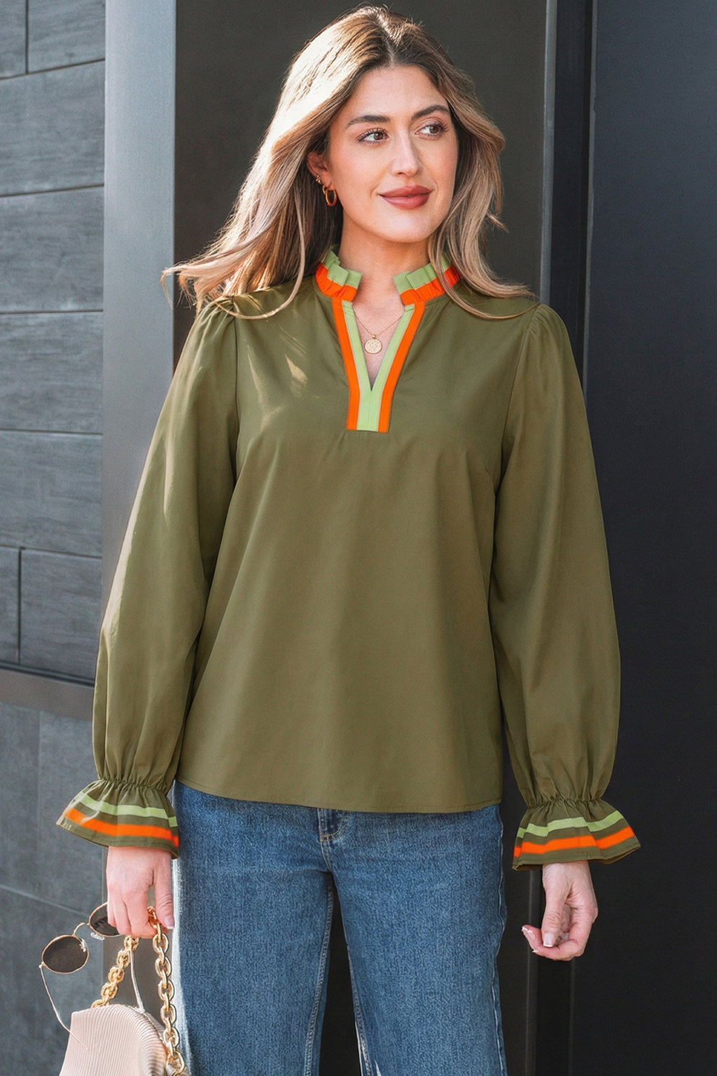 Four Leaf Clover Striped Trim Ruffle Split Neck Long Sleeve Blouse