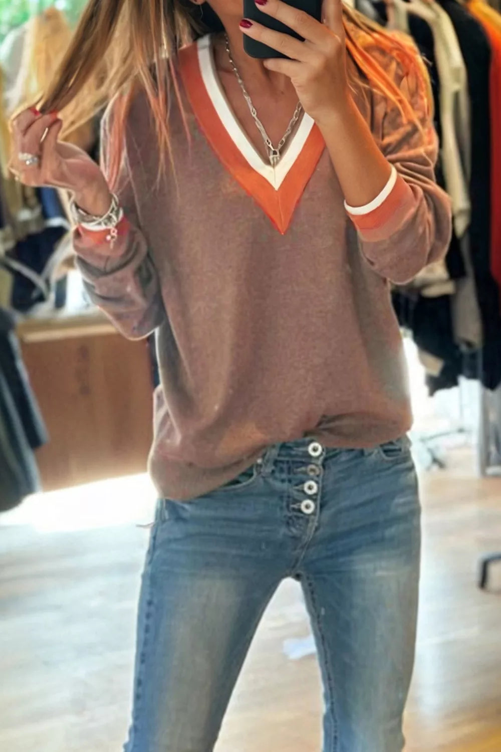 Contrast Trim V-Neck Sweater