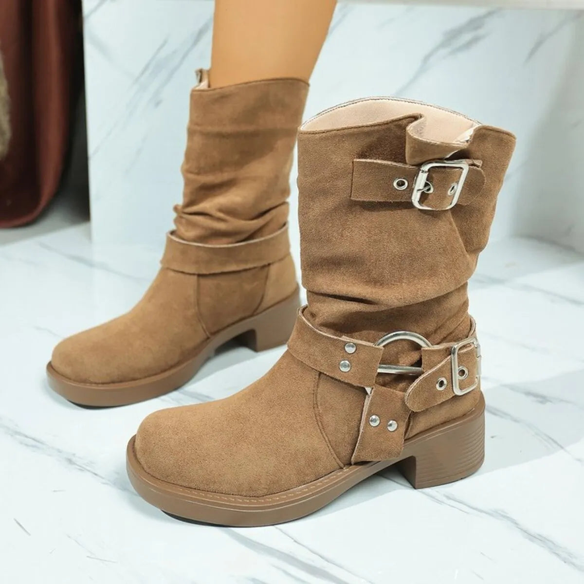 Round Toe Block Heels Boots