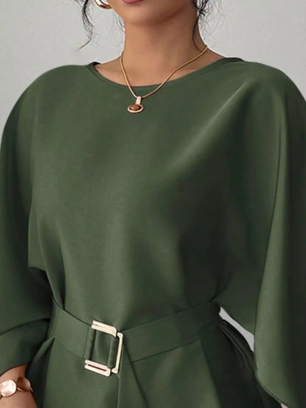 Round Neck Belt Batwing Sleeve Blouse