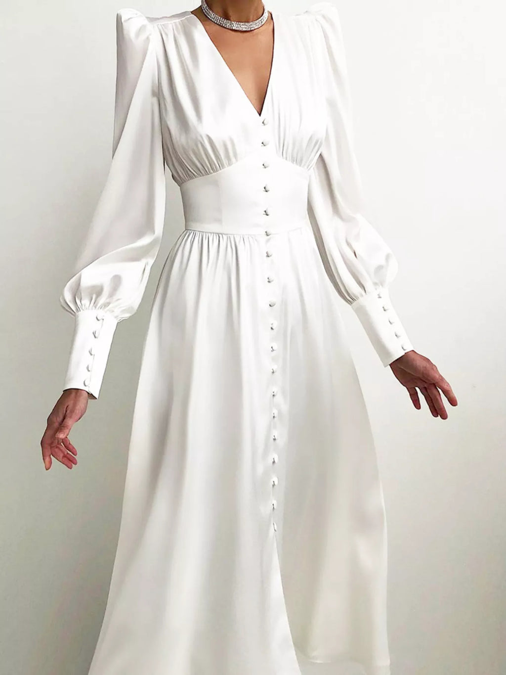 Elegant V-Neck Puff Sleeve Button-Down Midi Dress