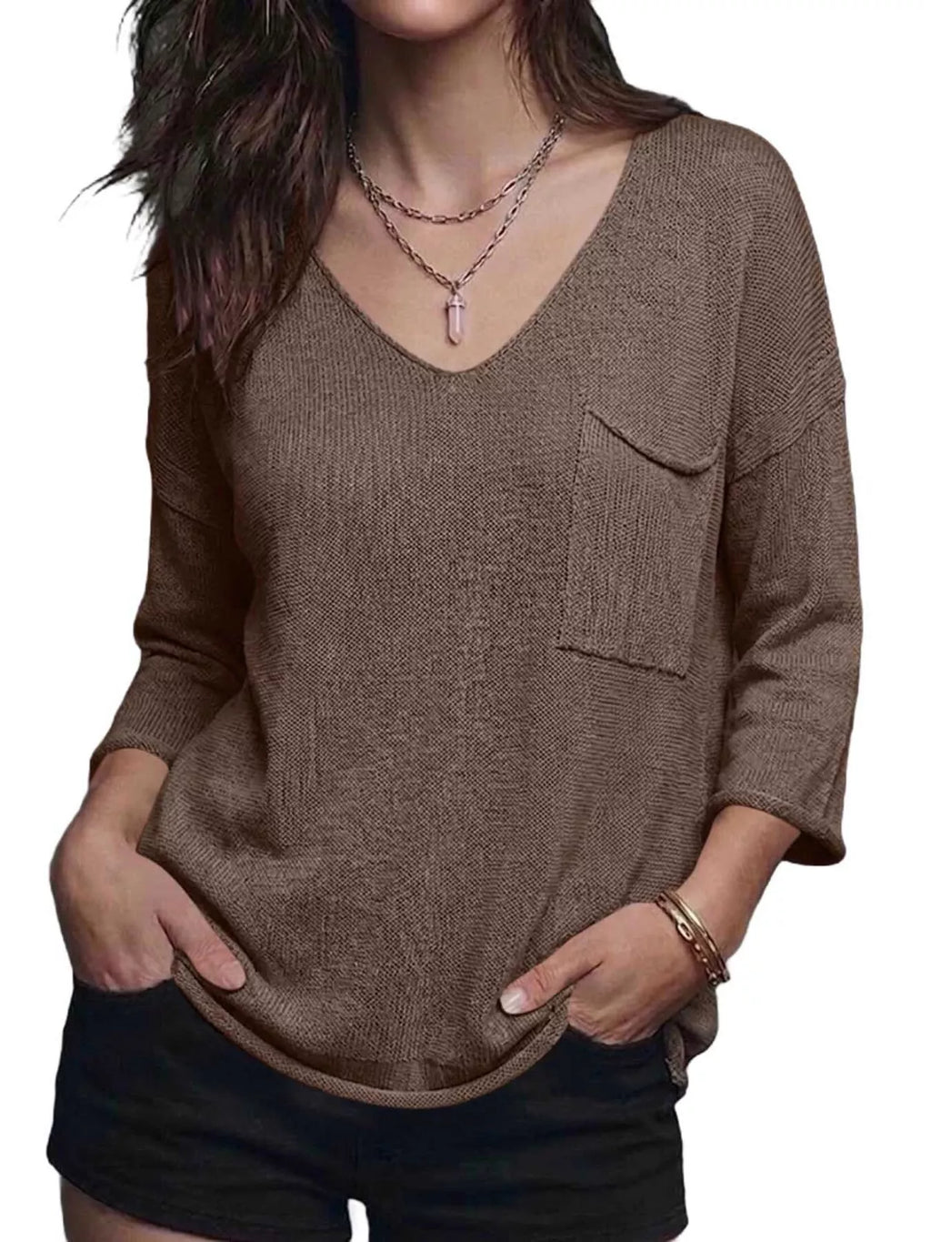 V-Neck Chest Pocket Knit Top