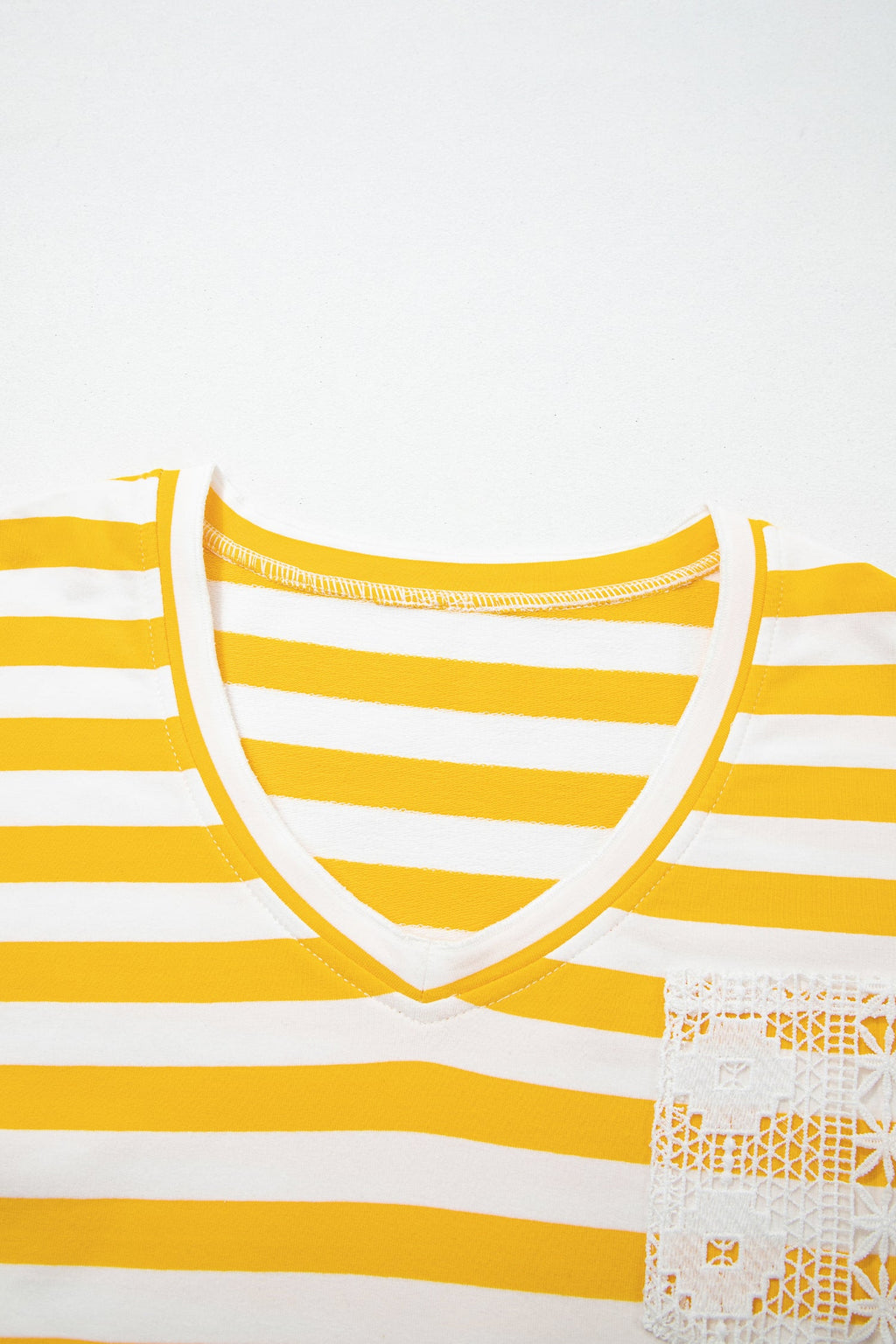 Yellow Stripe Striped Lace Patchwork V Neck Long Sleeve Top