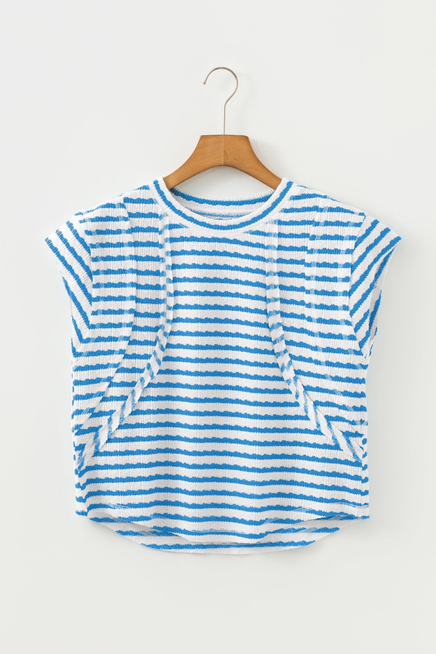 Blue Stripe Textured Short Sleeve Patchwork T Shirt