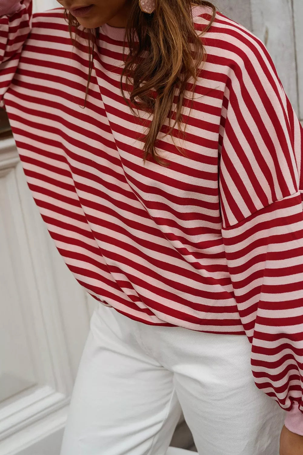 Cutout Back Striped Round Neck Sweatshirt