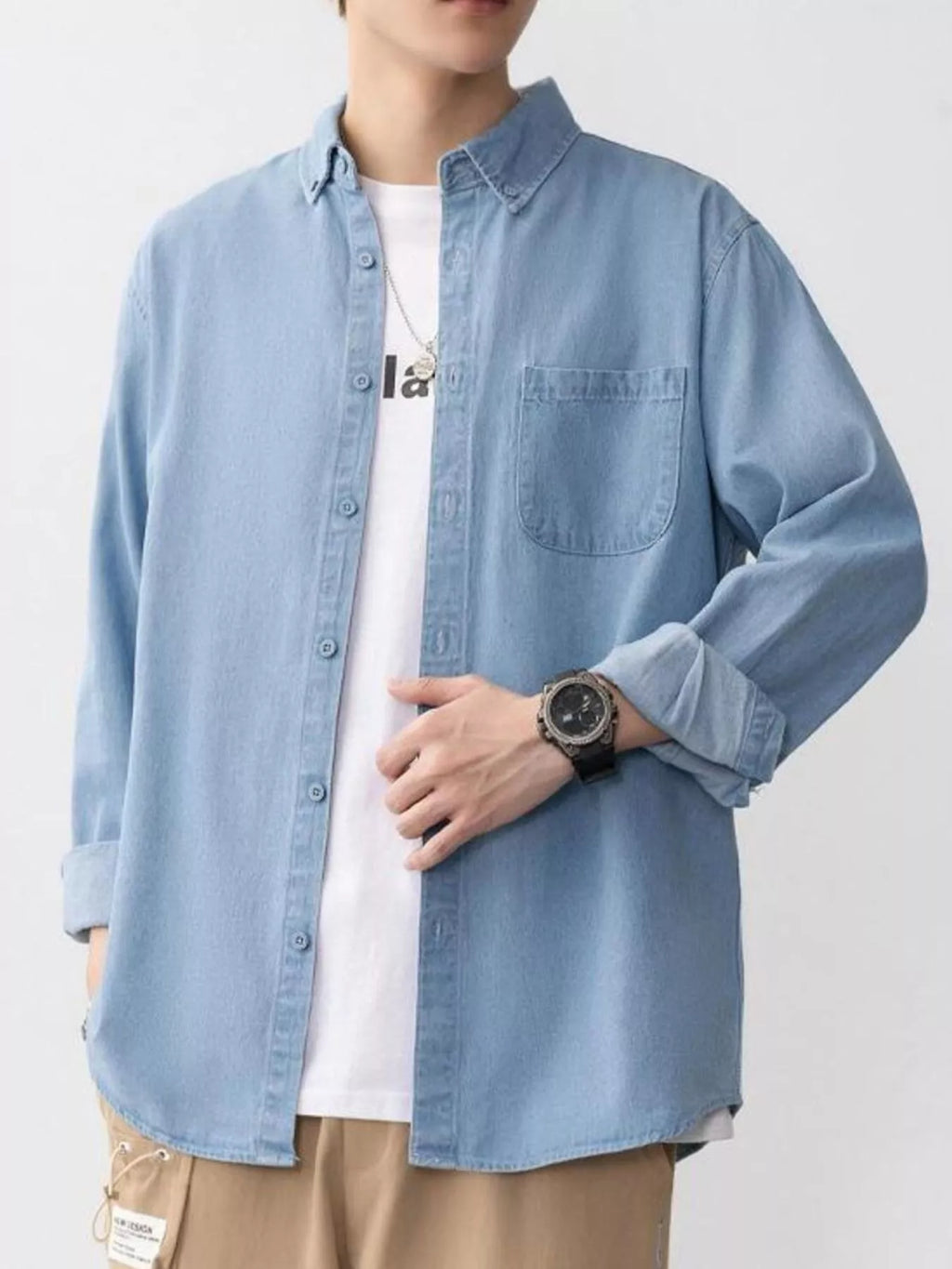 Men's Plus Size Button Up Long Sleeve Denim Shirt