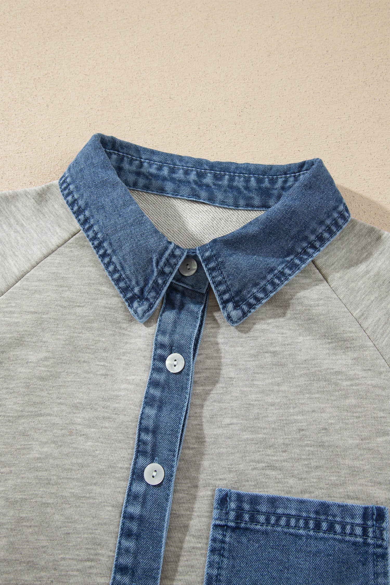 Gray Denim Collar Patchwork Long Sleeve Pullover Top