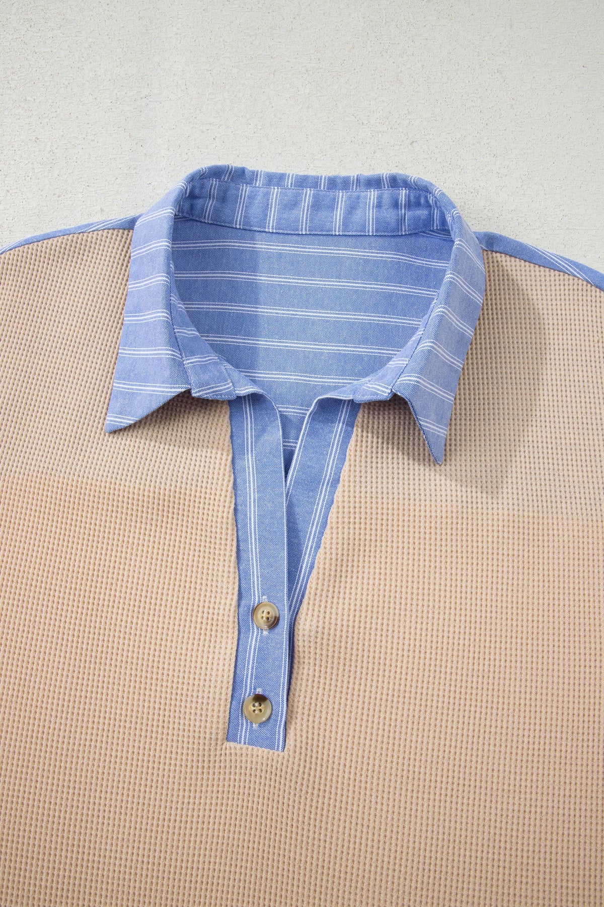 Plus Size Stripe Contrast Trim Waffle Knit Collared Top
