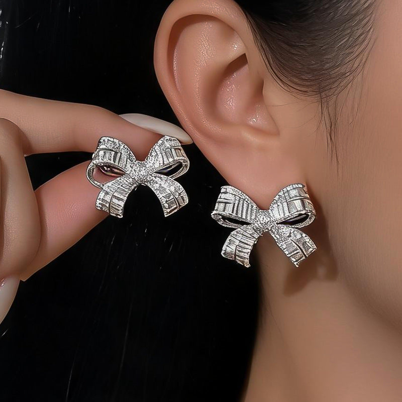 Women Minimalist Cubic Zirconia Bow Stud Earrings,Niche Delicate Versatile High Grade Fashion Dangle Earrings For Daily Occasion Jewelry
