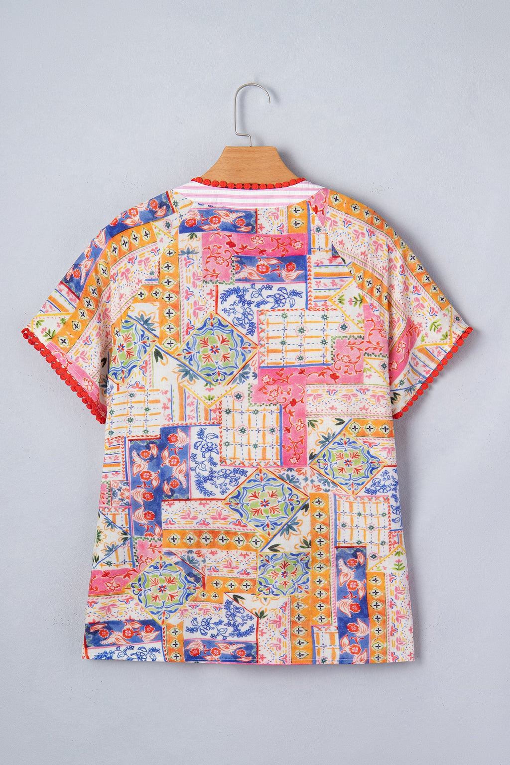 Boho Patchwork Tied V-Neck Short Sleeve Blouse